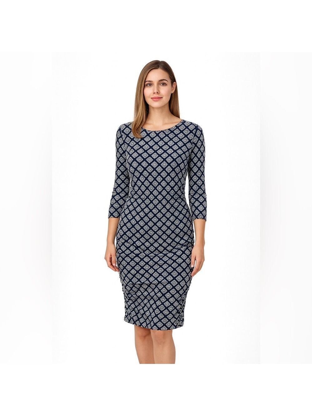 Hatley Womens Blue Geometric Dress Size Medium Elastic Waist 3/4 Sleeve Scoop